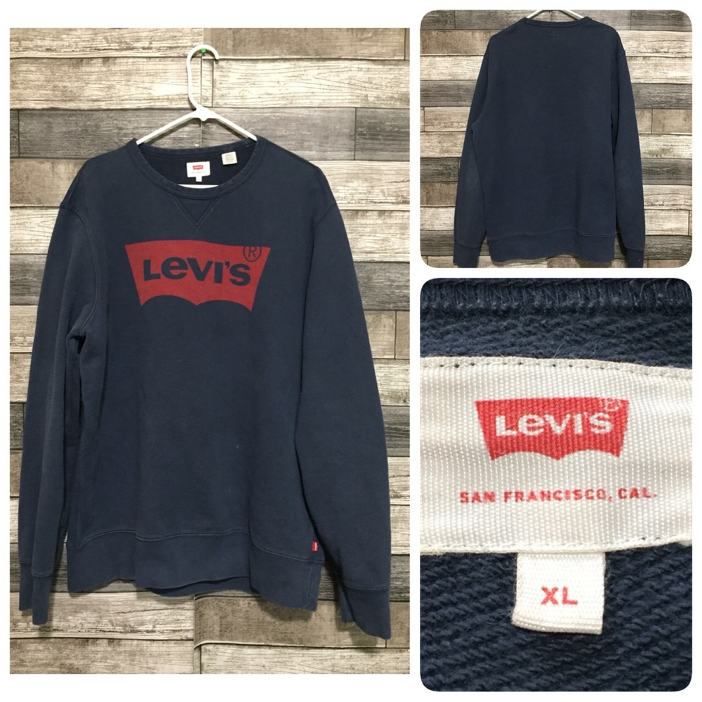 Levi’s Logo Sweatshirt Men’s XL Navy Blue Red Pullover Crewneck 100% Cotton